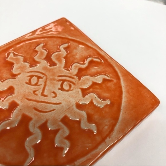 Handmade Ceramic Tile: Red-Orange Sun - Picture 2 of 2